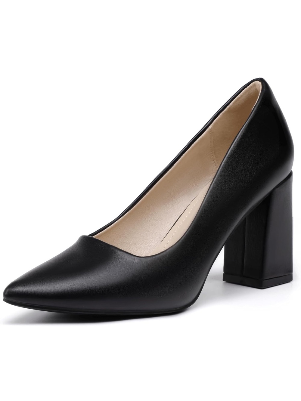 IDIFU Black Pointed Toe Block Heel Pumps